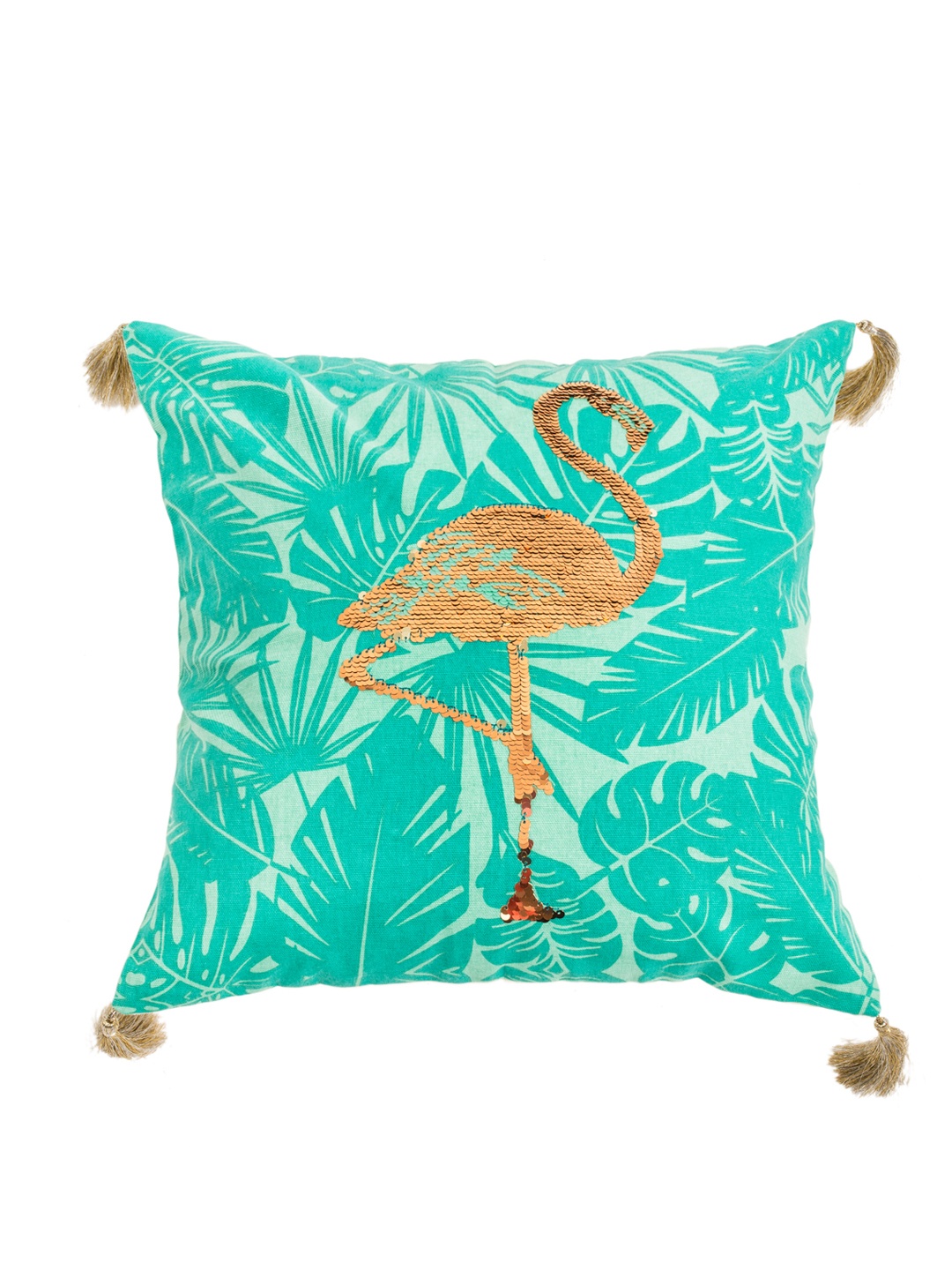 Chumbak Green & Gold-Toned Single Embellished Square Cushion Cover