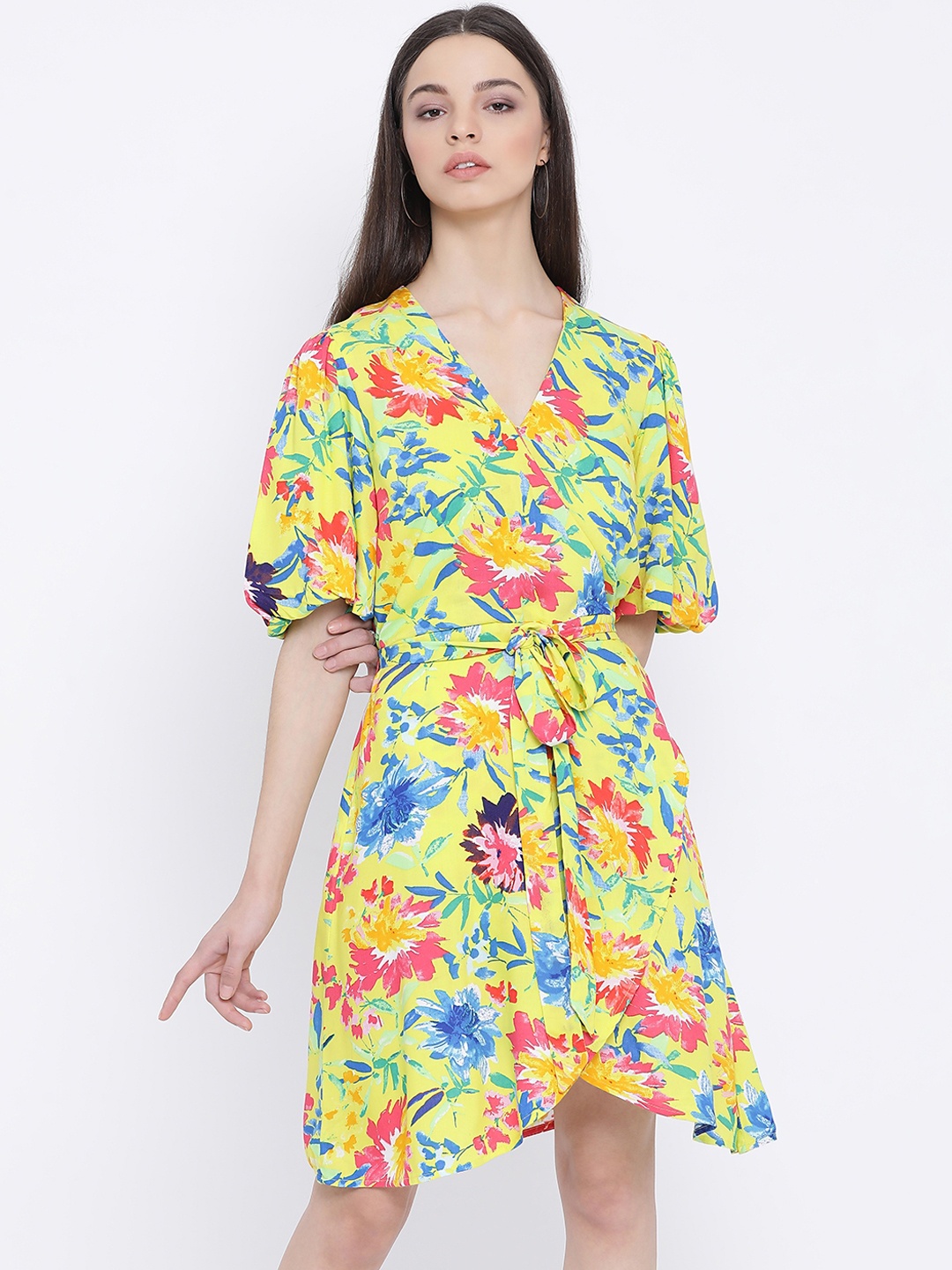 Oxolloxo Women Yellow Printed Wrap Dress
