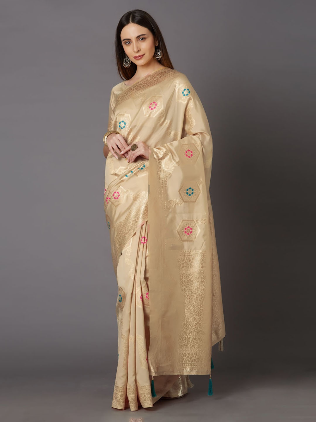 Mitera Beige & Gold-Coloured Silk Blend Woven Design Kanjeevaram Saree