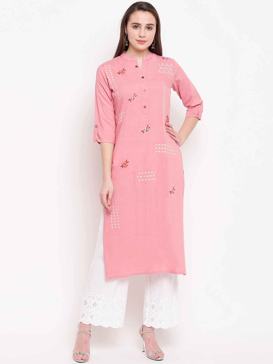 Vbuyz Women Pink & White Embroidered Straight Kurta