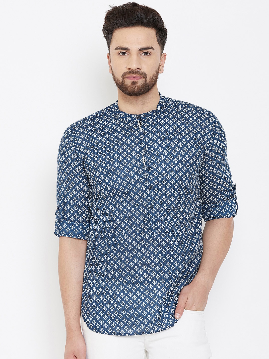 even Men Blue & White Printed Straight Kurta