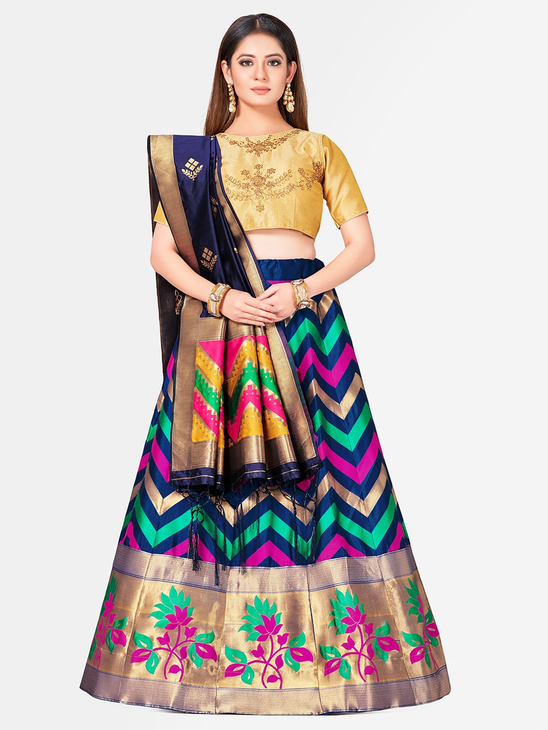 MIMOSA Blue & Gold-Toned Embroidered Semi-Stitched Lehenga & Blouse with Dupatta