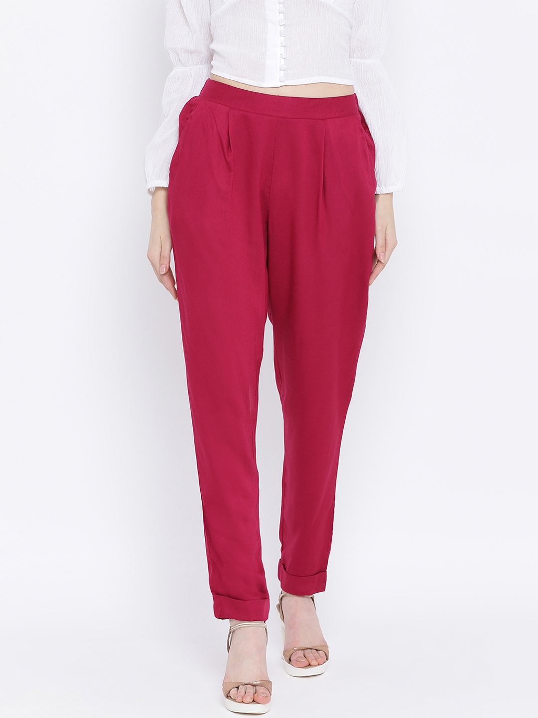 Oxolloxo Women Pink Regular Fit Solid Cigarette Trousers