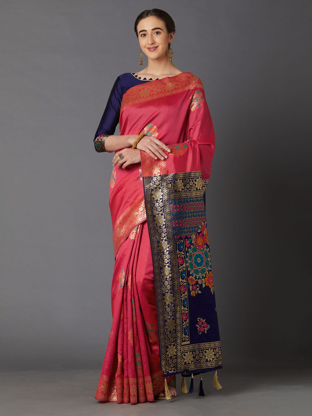 Mitera Pink & Navy Blue Silk Blend Woven Design Kanjeevaram Saree