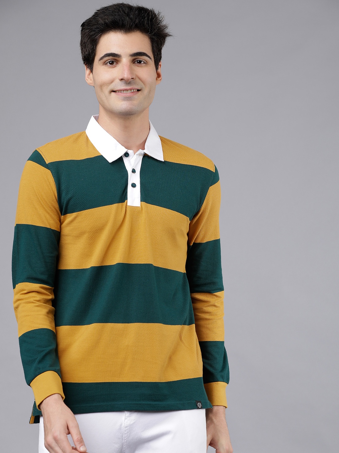 LOCOMOTIVE Men Mustard Yellow & Green Striped Polo Collar T-shirt