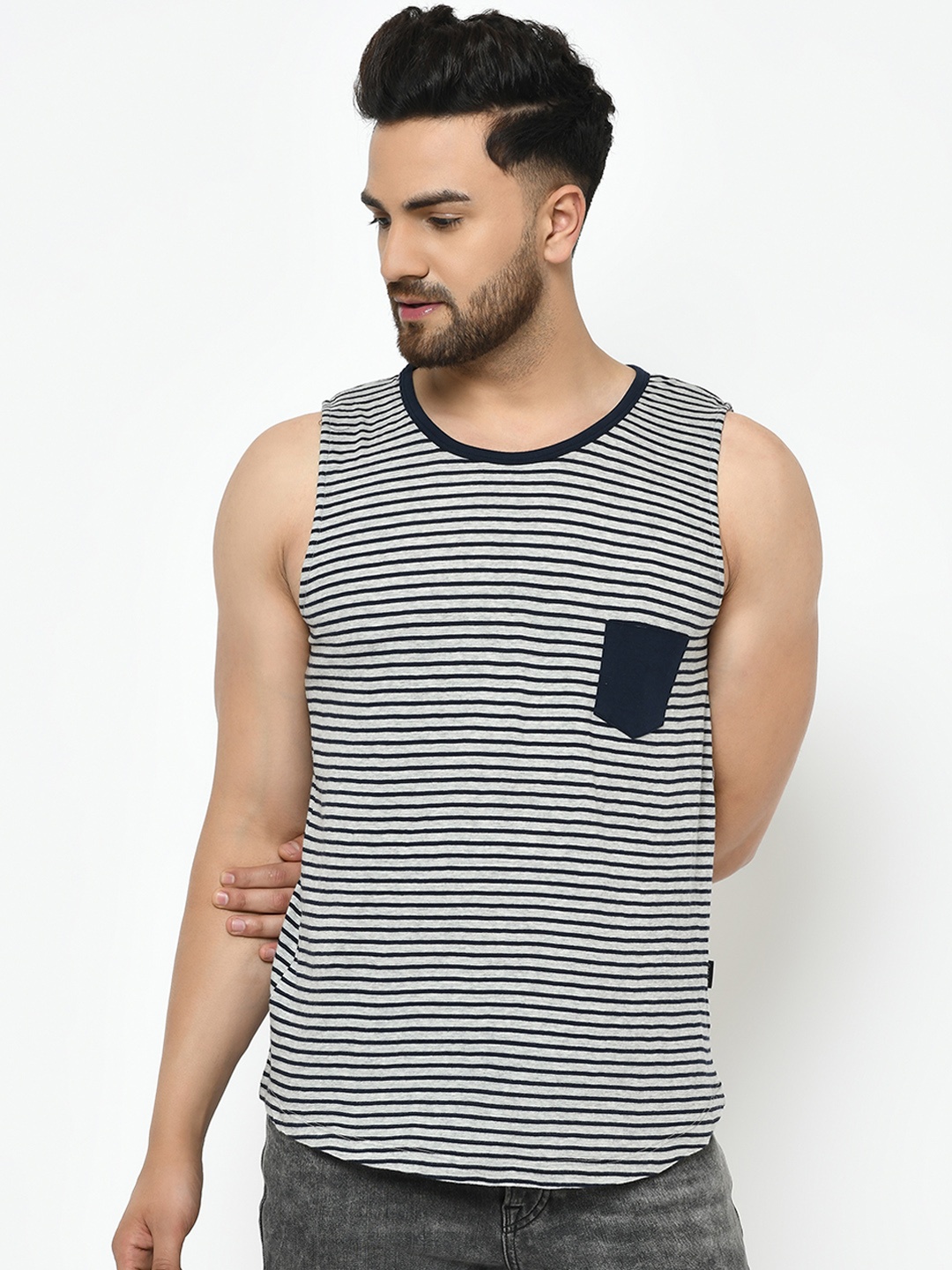 Rigo Men Grey Melange & Navy Blue Striped Round Neck T-shirt