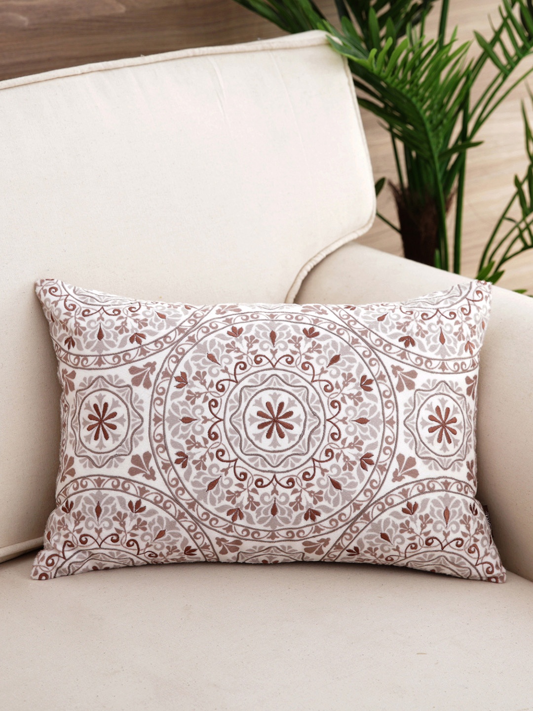 Pure Home and Living Brown & White Single Embroidered Rectangle Cushion Covers