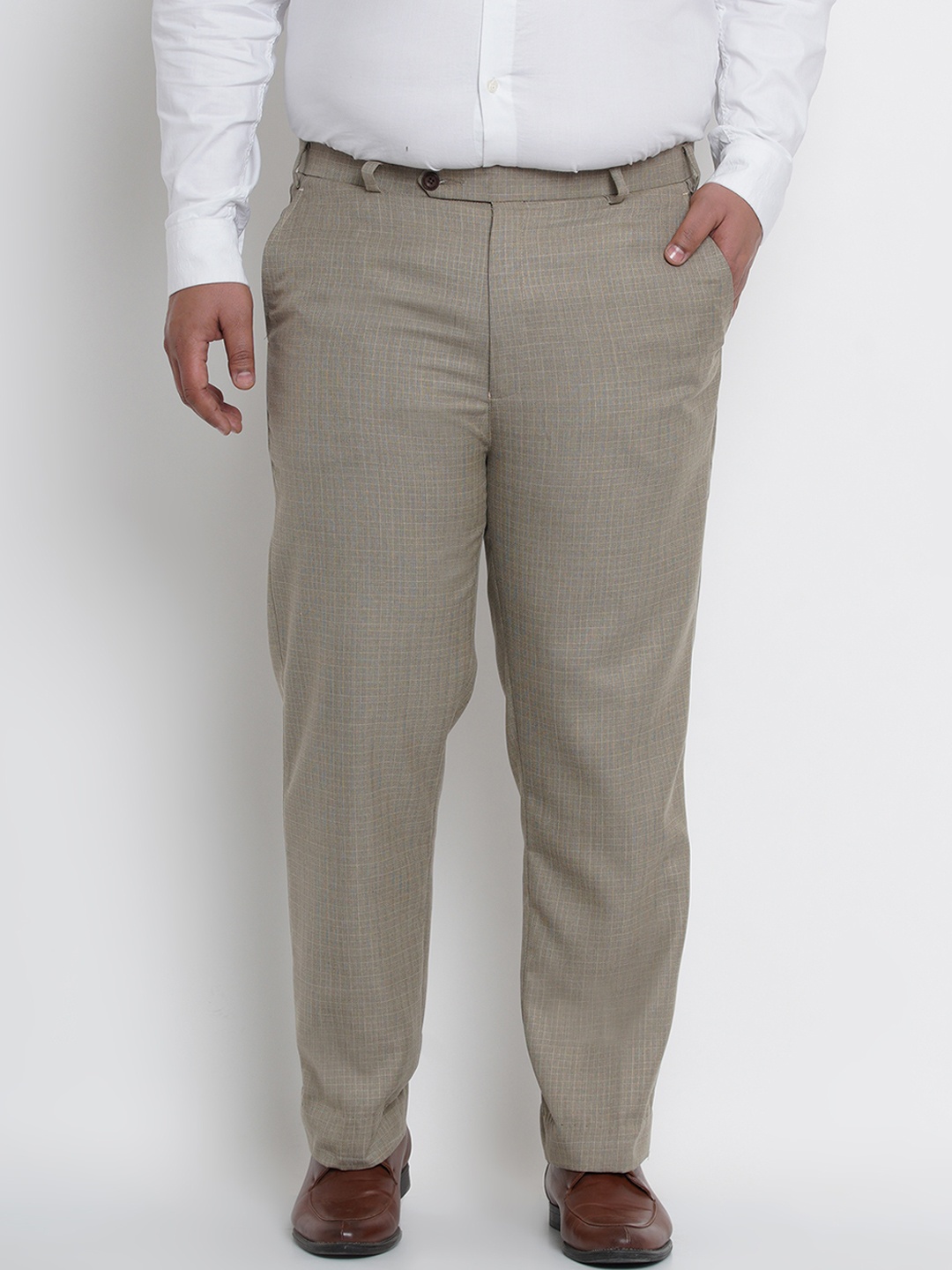John Pride Plus Size Men Beige Regular Fit Checked Trousers