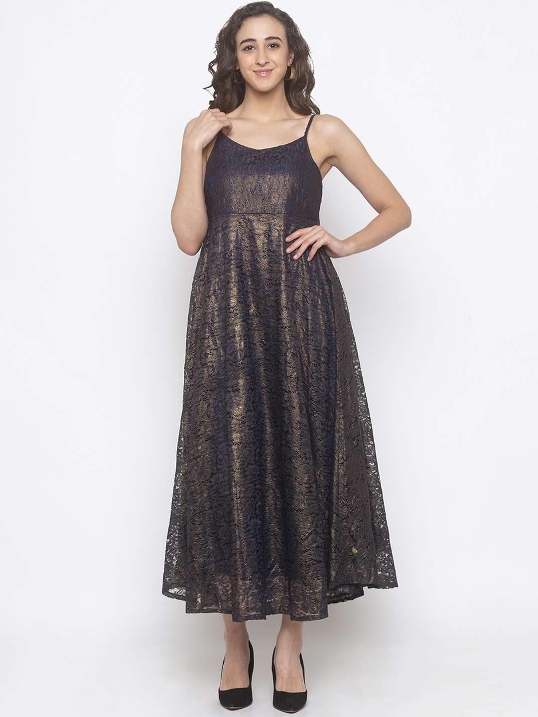 Globus Women Navy Blue Self Design A-Line Dress