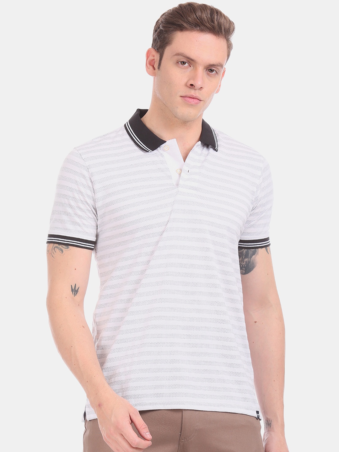 Ruggers Men White Striped Polo Collar Pure Cotton T-shirt
