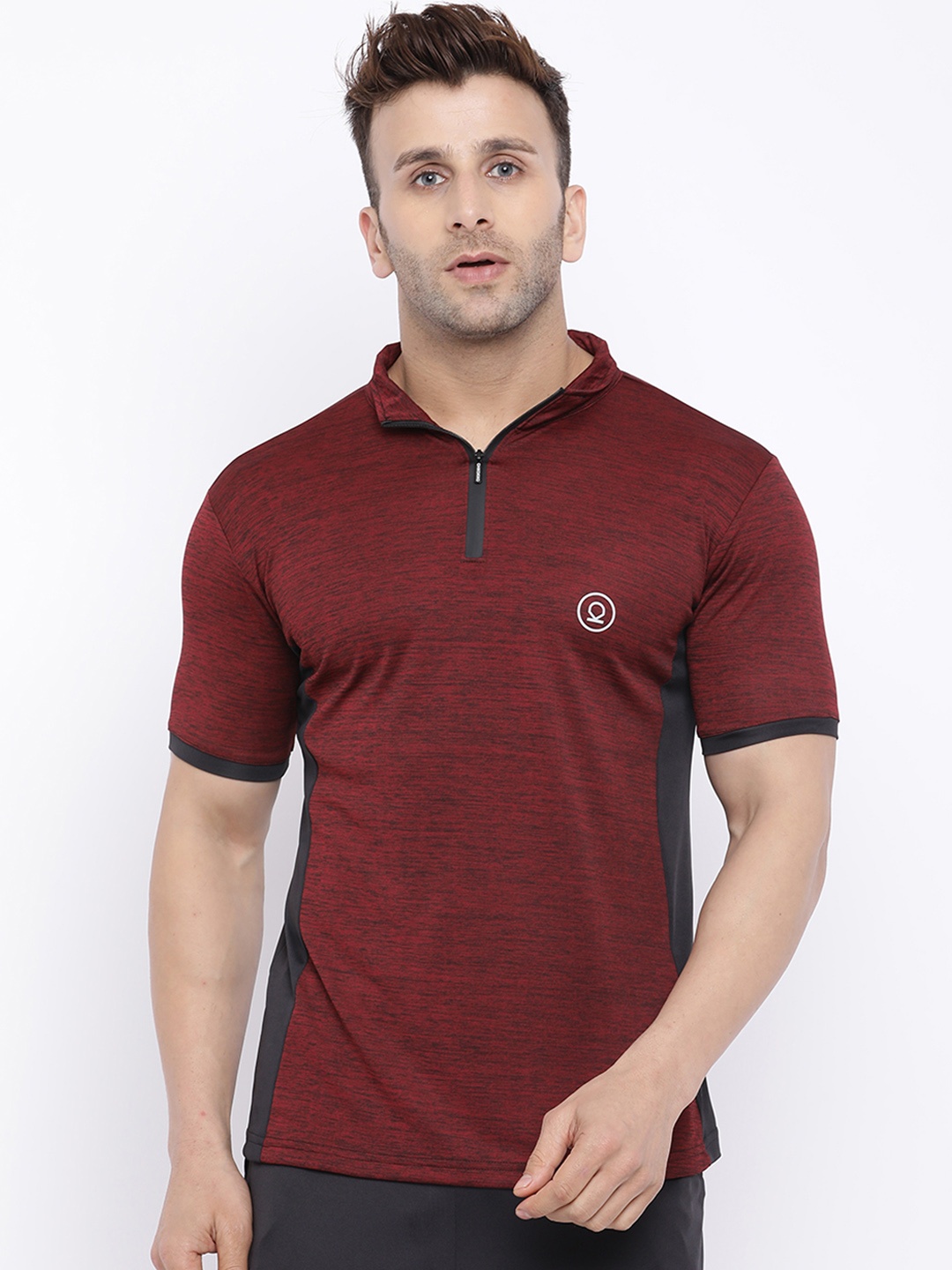 CHKOKKO Men Maroon High Neck Training or Gym T-shirt