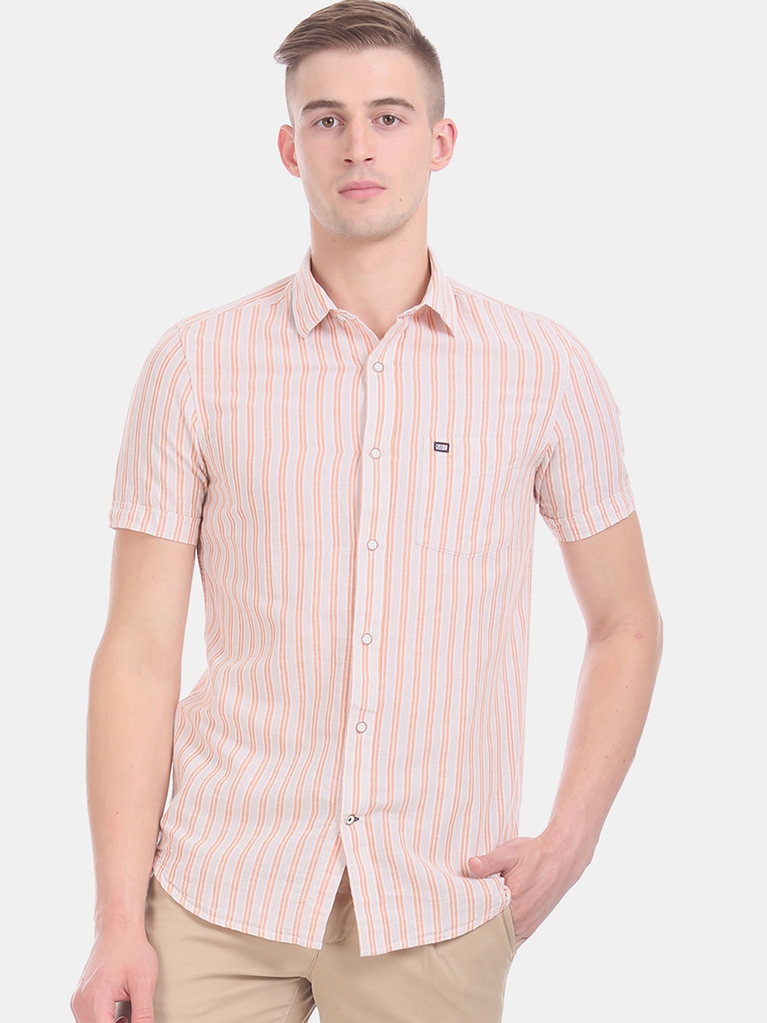 Arrow Sport Men Beige & Orange Slim Fit Striped Casual Shirt