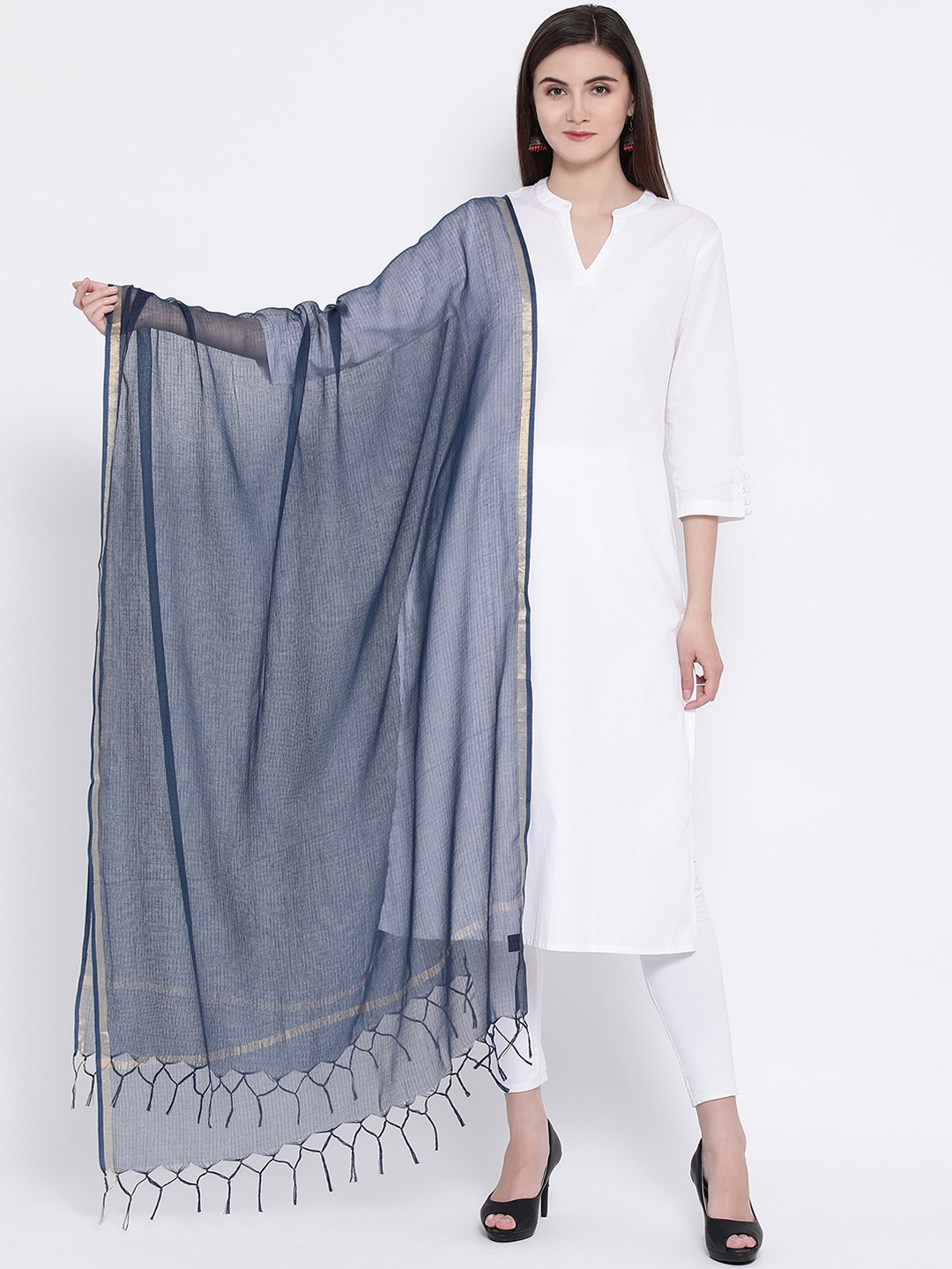 SHINGORA Navy Blue & Gold-Toned Solid Antimicrobial Sustainable Dupatta