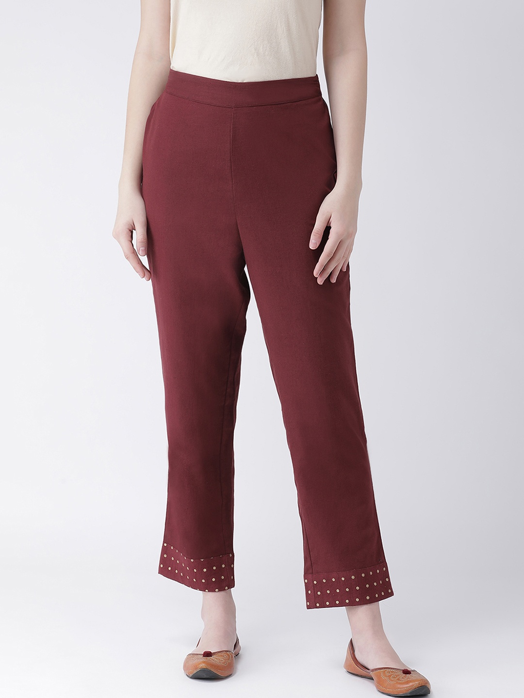 Aayna Women Maroon & Gold-Toned Regular Fit Solid Parallel Trousers