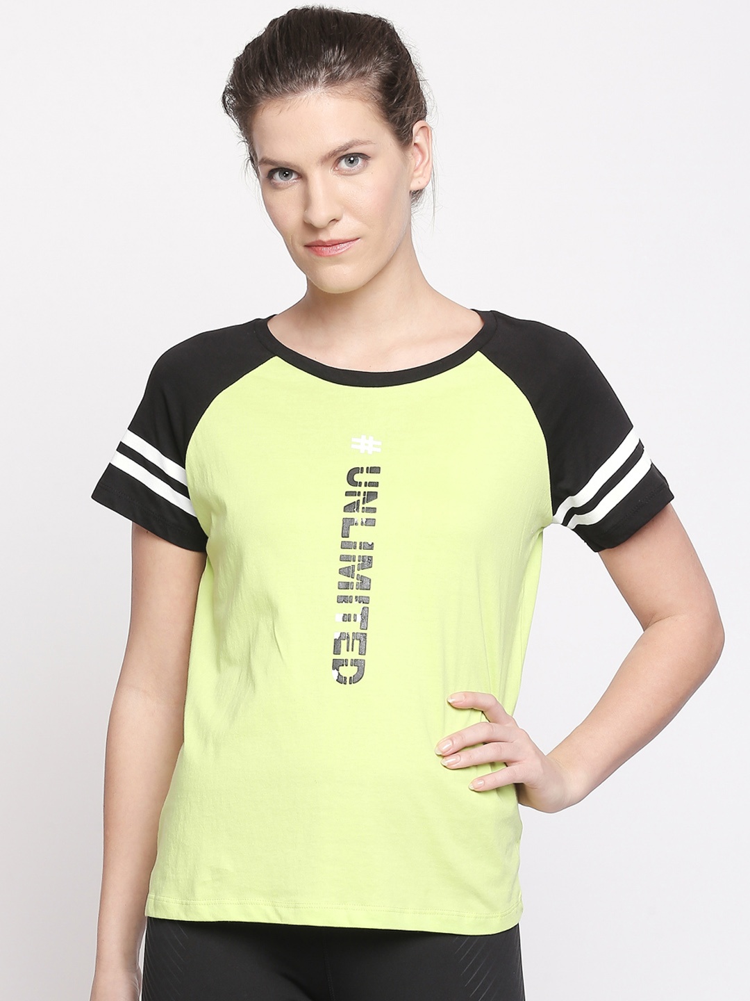 Ajile by Pantaloons Women Lime Green Black Printed Round Neck Pure Cotton T-shirt