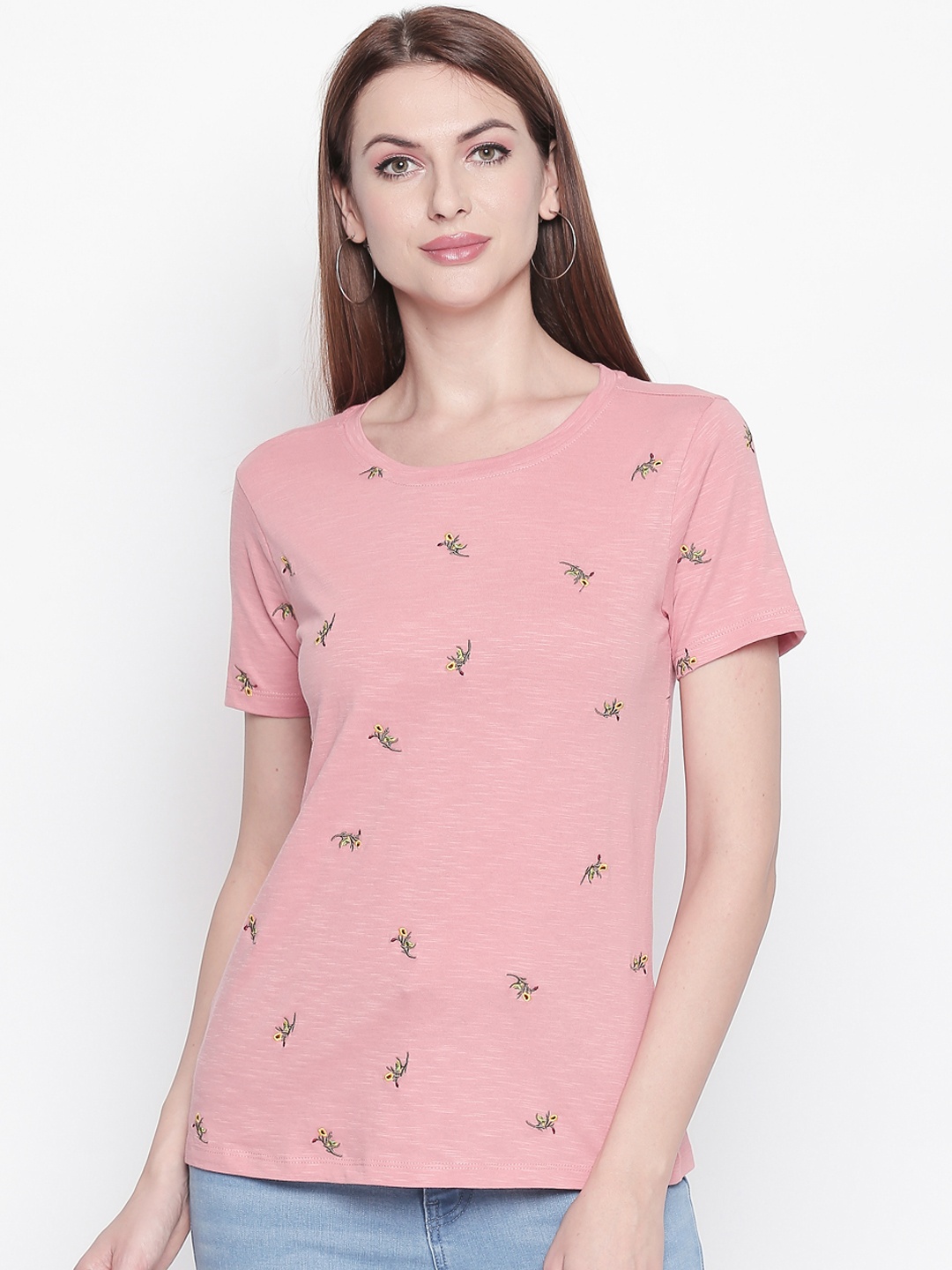 Honey by Pantaloons Women Pink Embroidered Round Neck Pure Cotton T-shirt