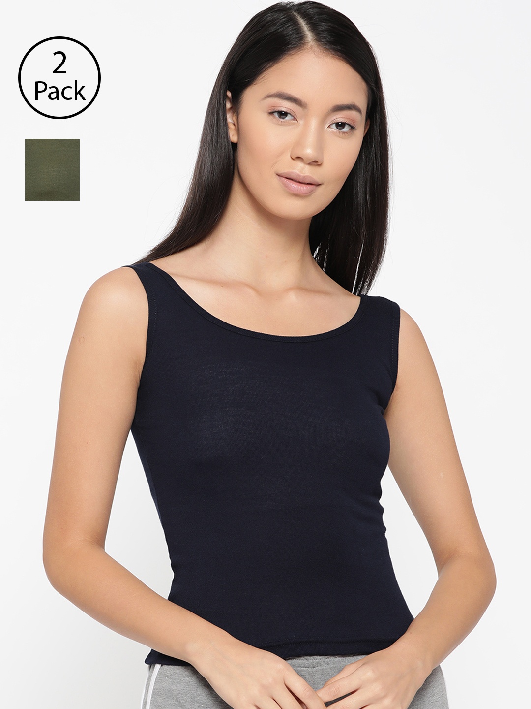 Lady Lyka Women Pack Of 2 Solid Tank Top Camisoles CAMI-05, Olive