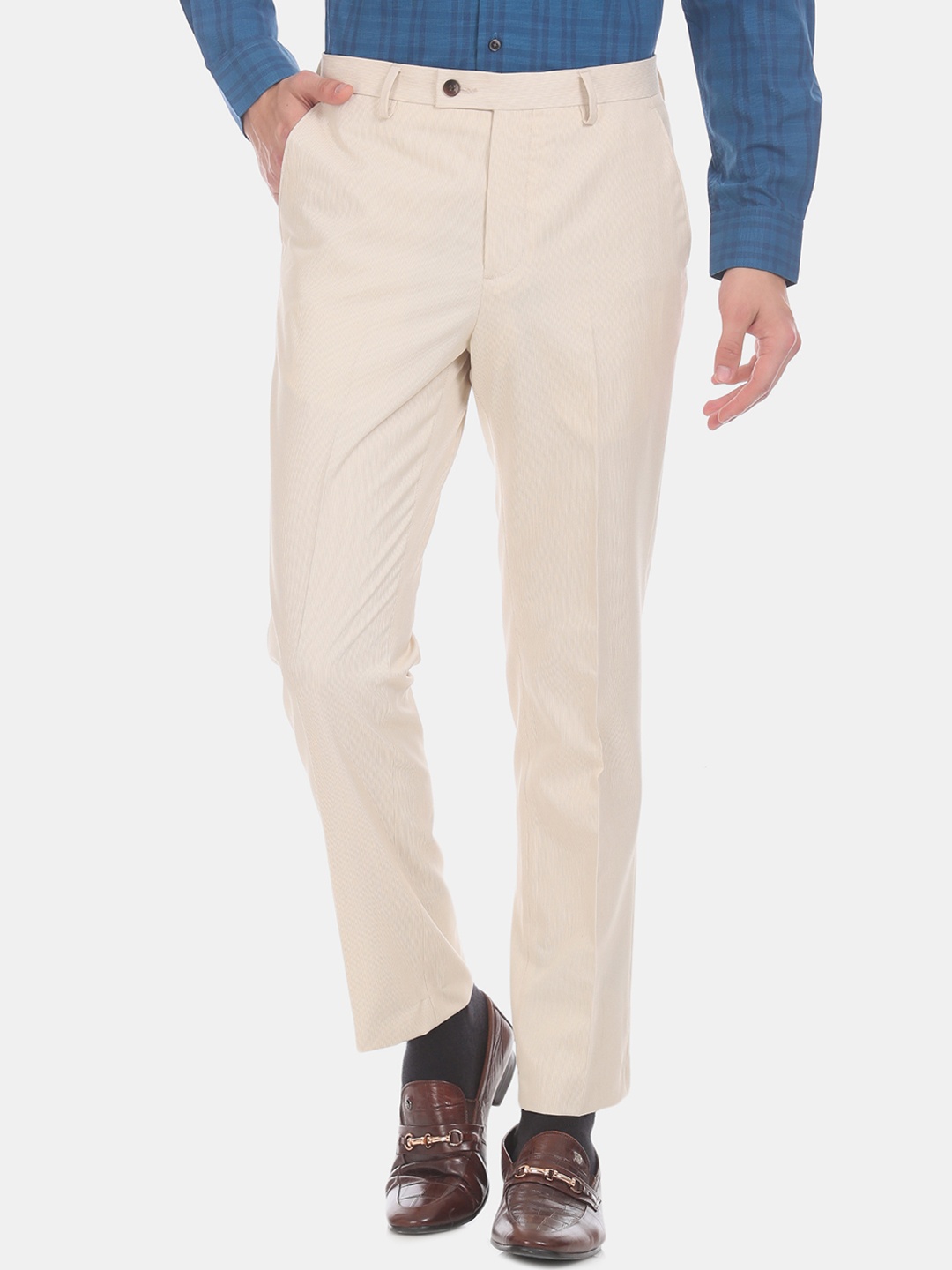 Arrow Men Beige Tapered Fit Striped Formal Trousers