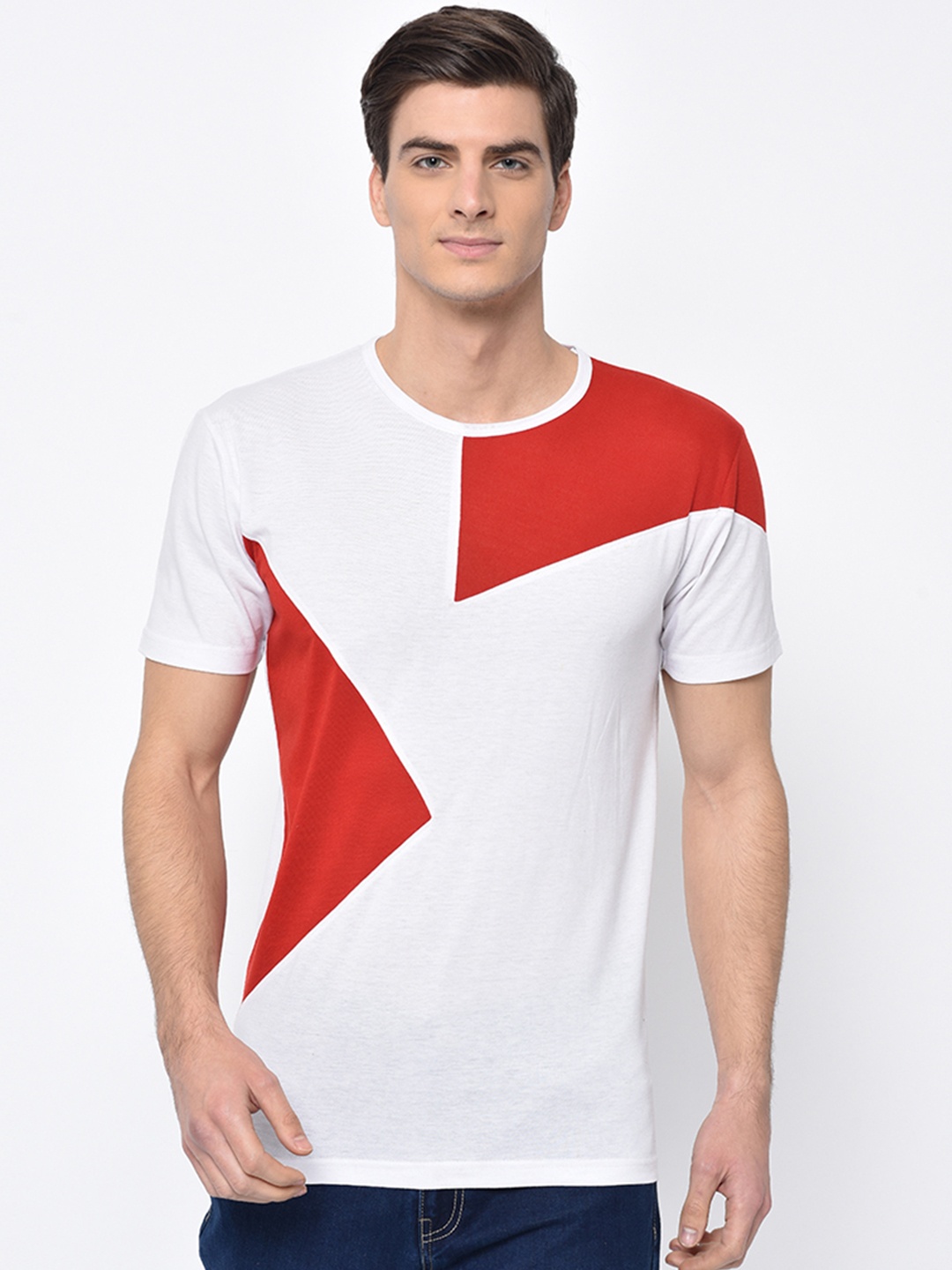 VIMAL JONNEY Men White & Red Colourblocked Round Neck T-shirt