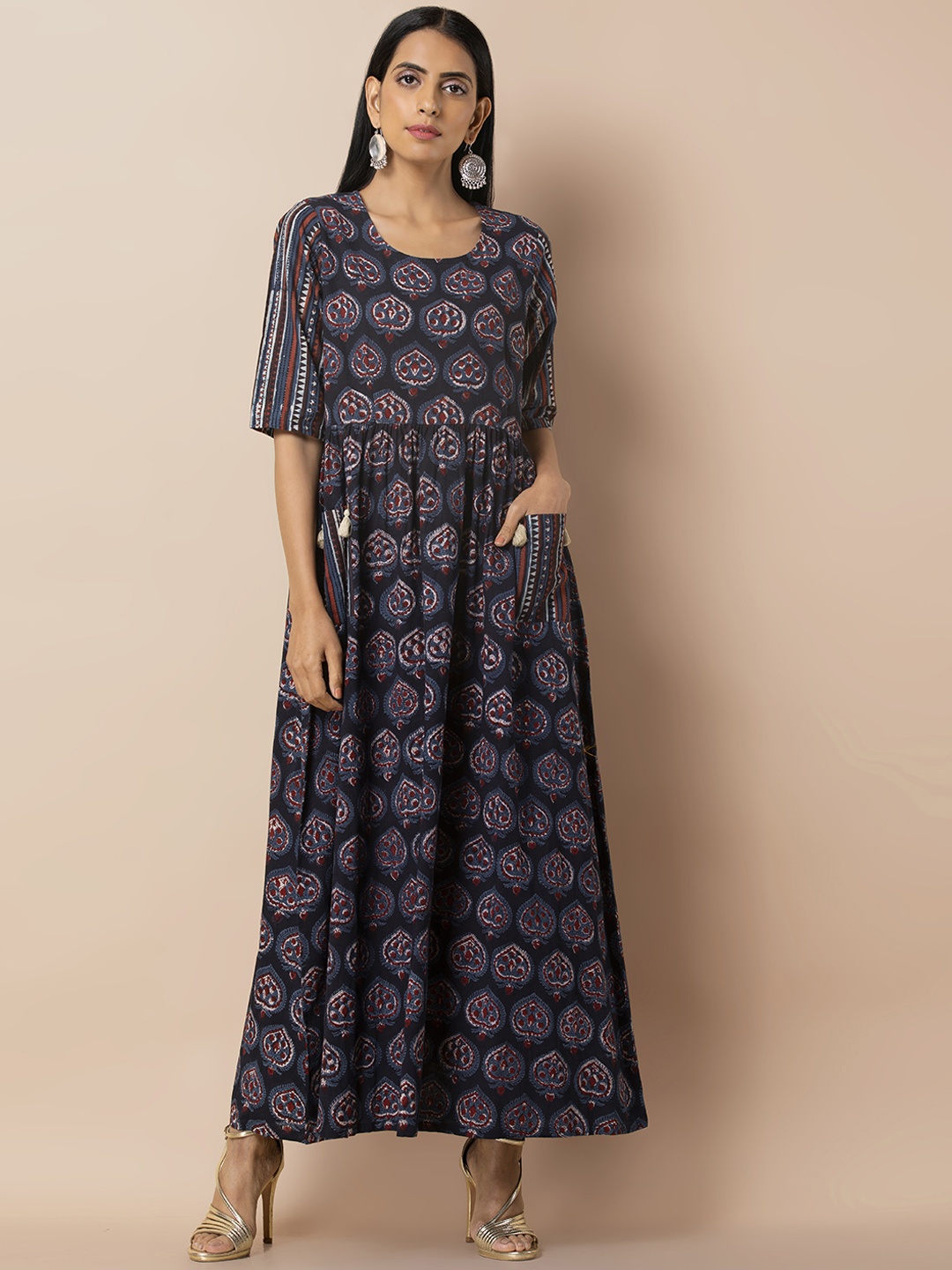 INDYA Women Navy Blue Printed Maxi Dress