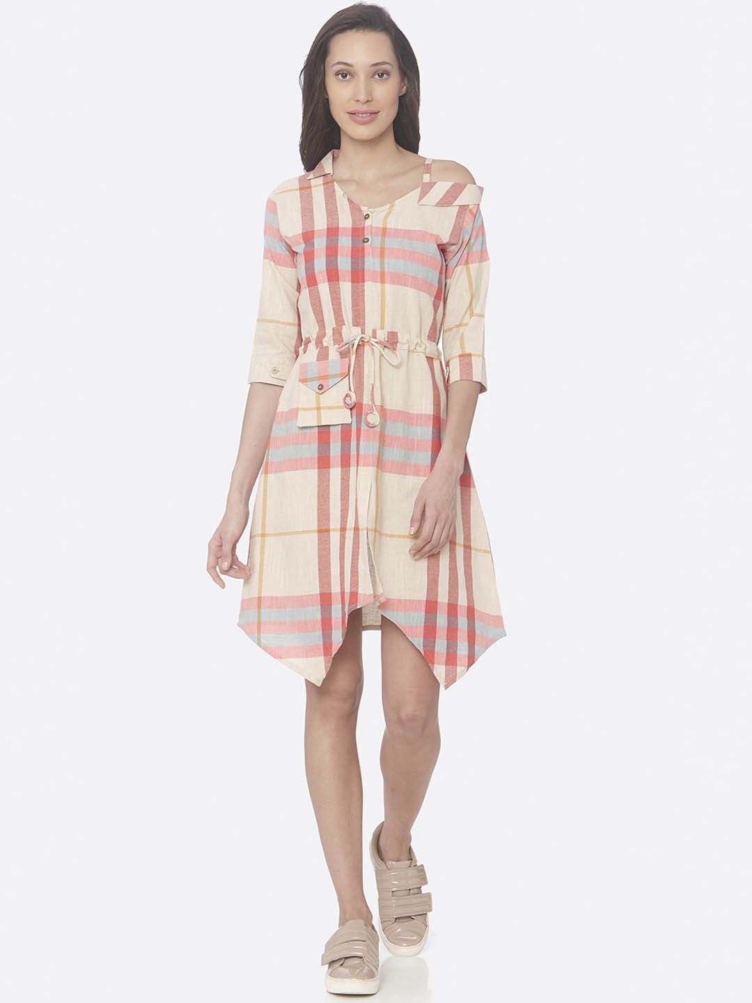 RAISIN Women Cream-Coloured & Red Checked Shirt Dress
