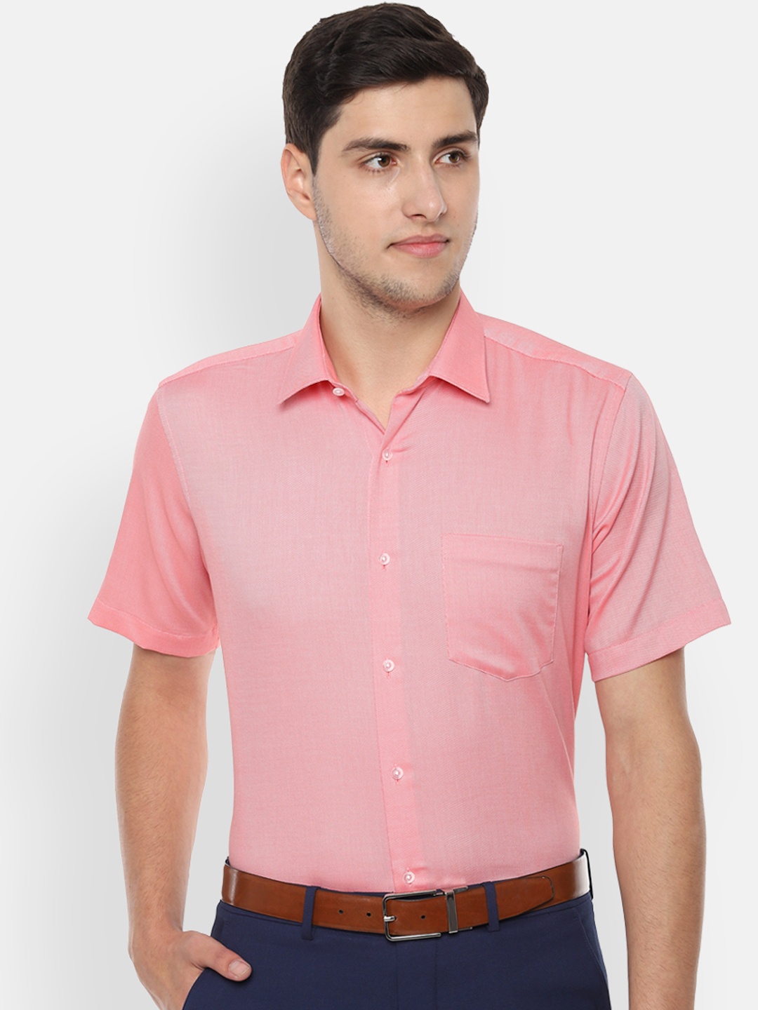 Van Heusen Men Coral Pink Regular Fit Self Design Formal Shirt