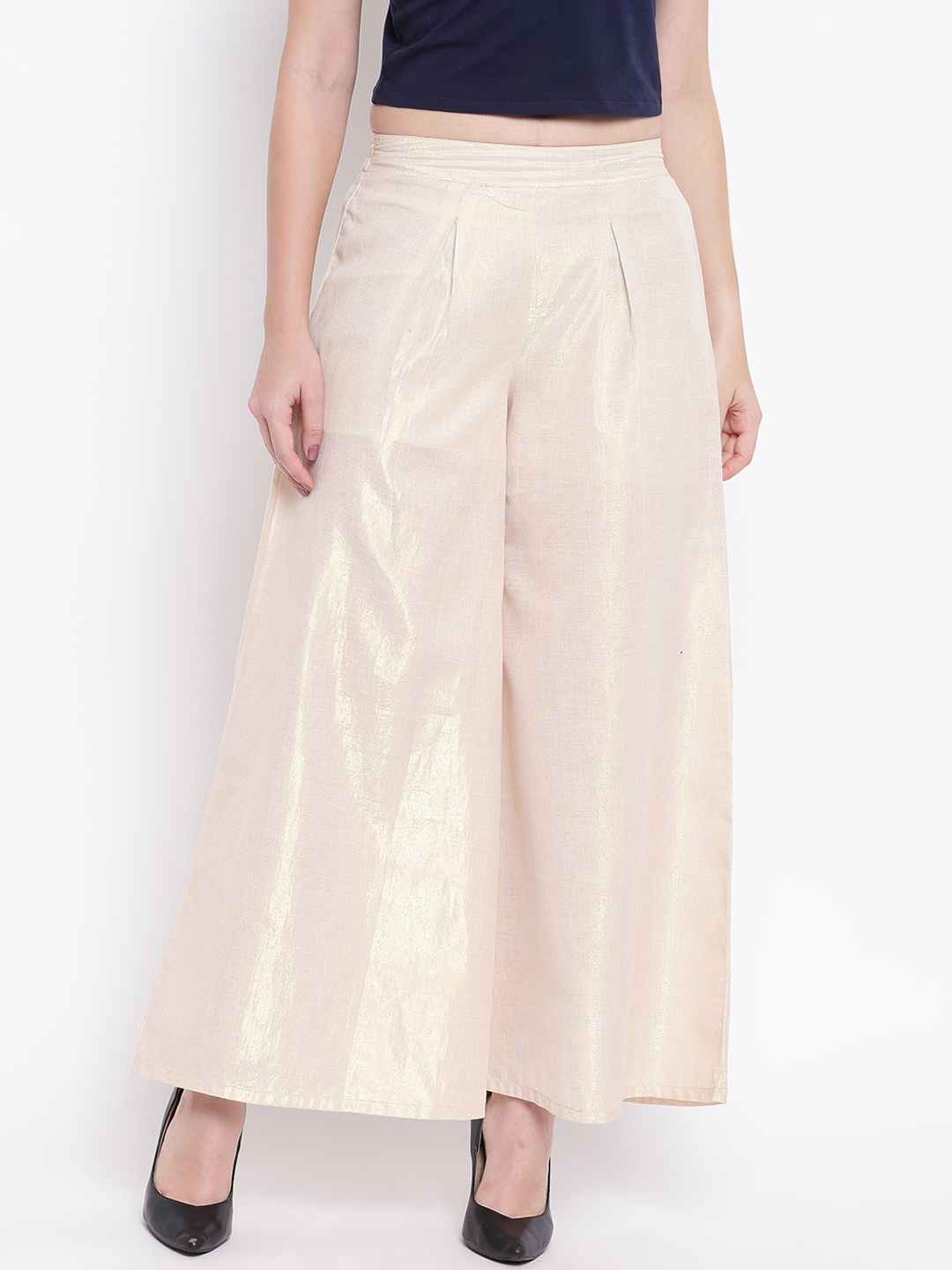 Be Indi Women Gold-Toned Solid Wide Leg Palazzos