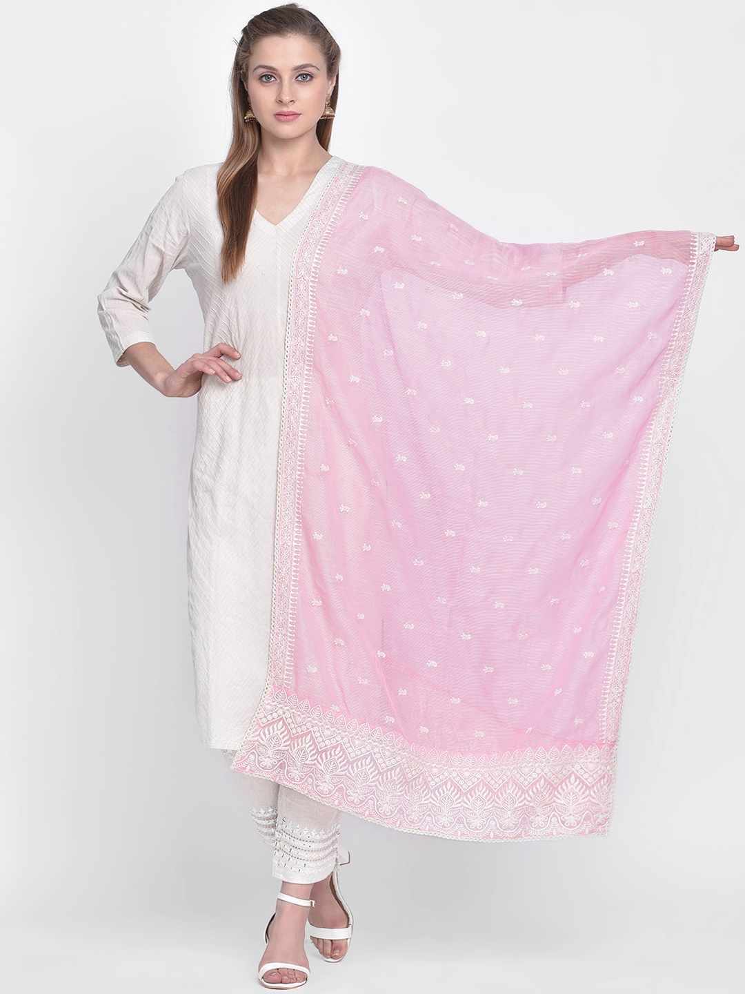 Dupatta Bazaar Pink & White Embroidered Net Dupatta