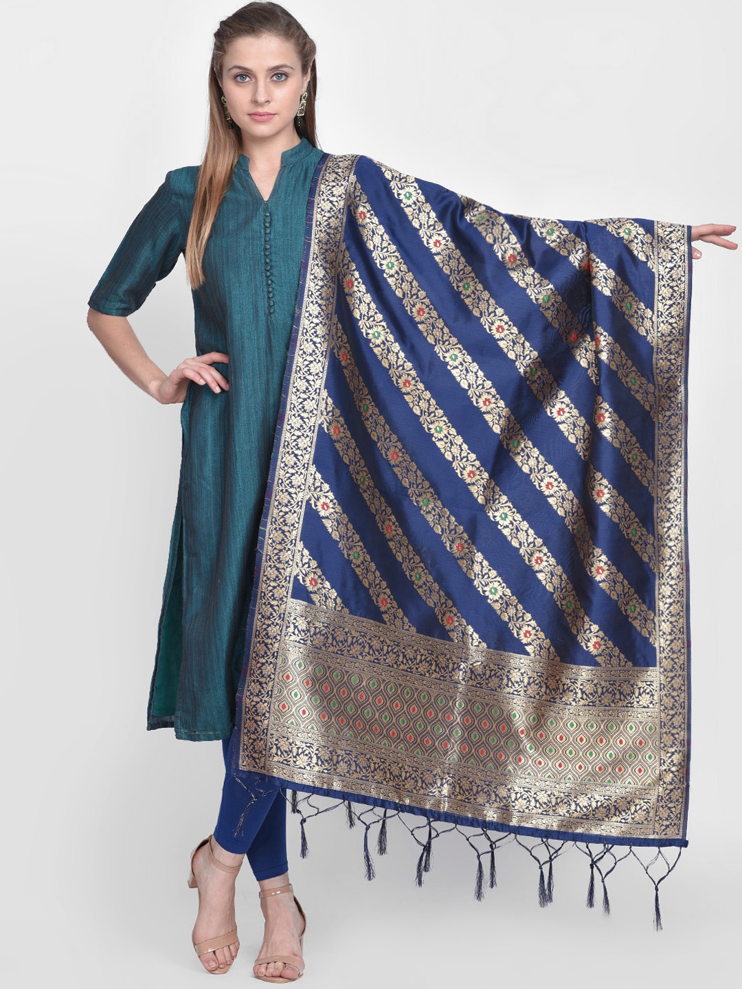 Dupatta Bazaar Navy Blue & Gold-Coloured Banarasi Silk Woven Design Dupatta