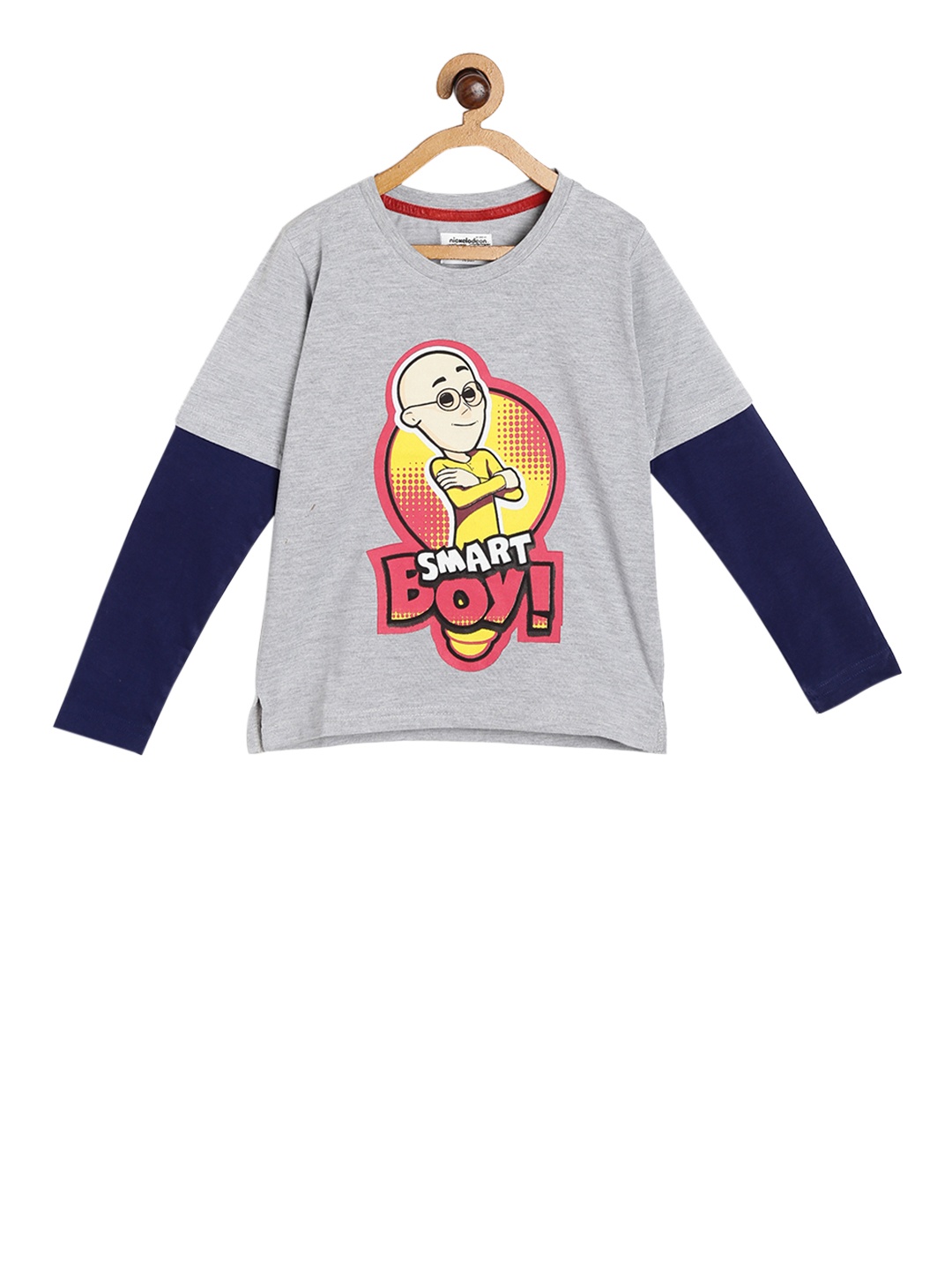 toothless Boys Grey & Yellow Motu Patlu Printed Round Neck Pure Cotton T-shirt