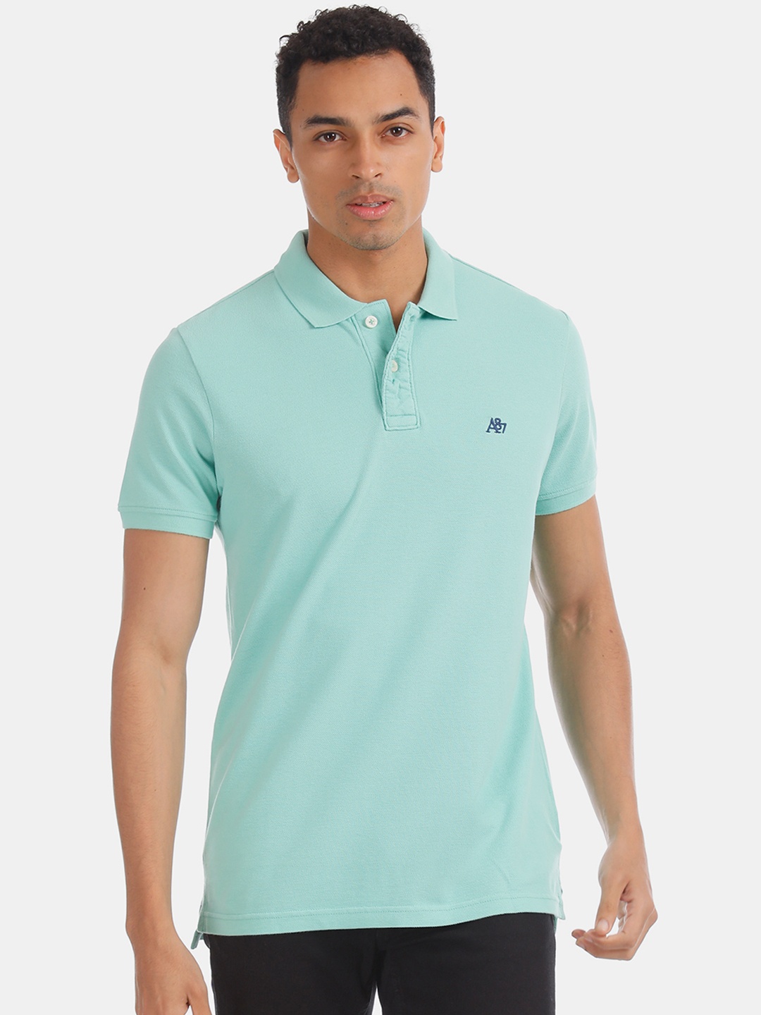 Aeropostale Men Sea Green Solid Polo Collar Pure Cotton T-shirt
