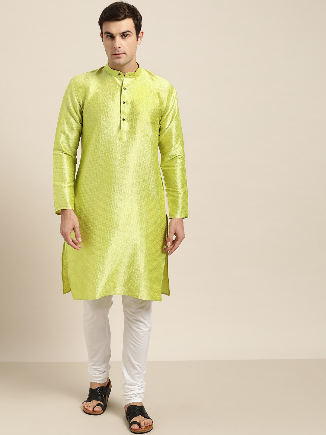 SOJANYA Men Green & White Self Design Kurta with Churidar