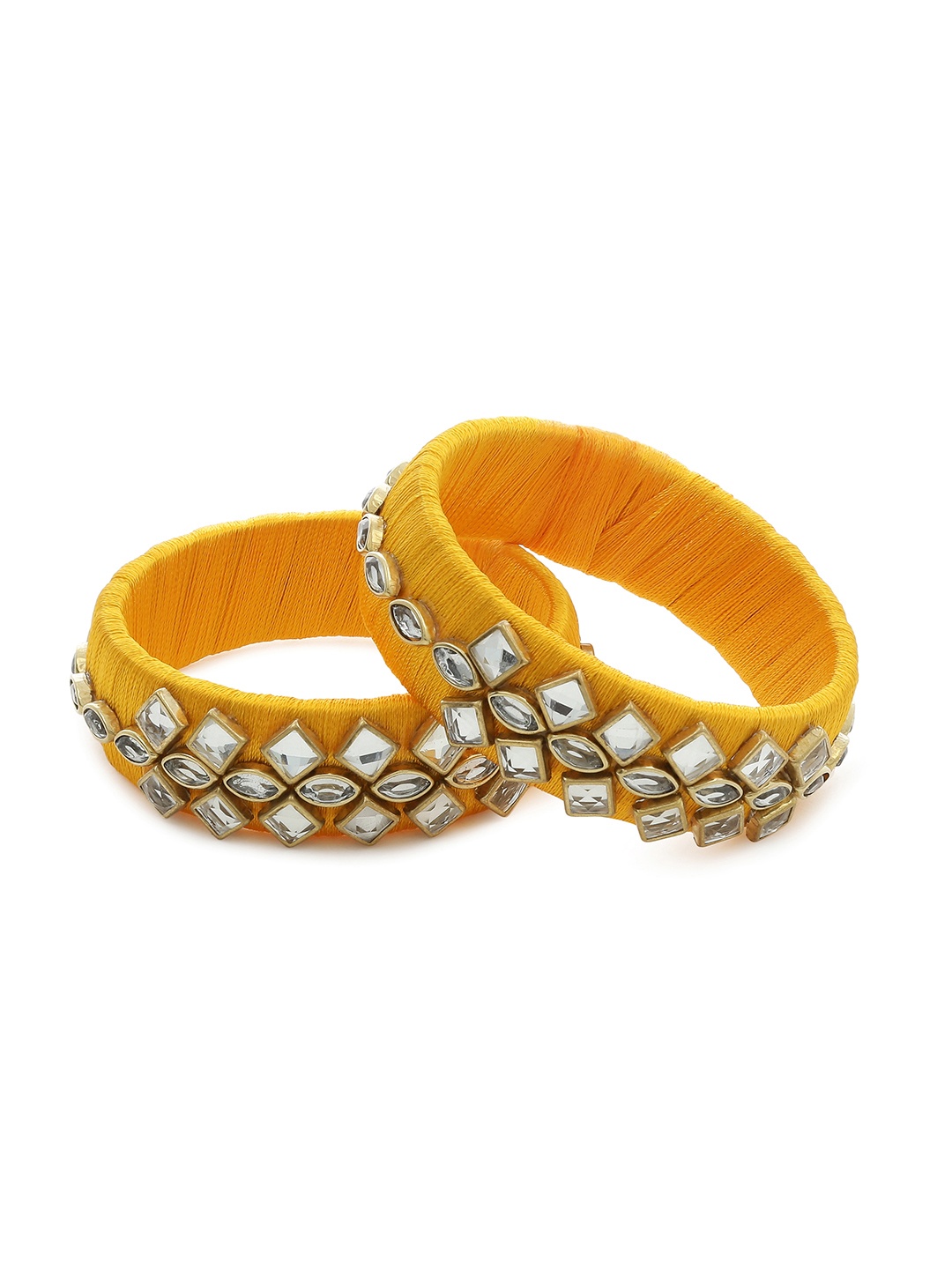 AKSHARA Girls Set of 2 Yellow & White Stone-Studded Handcrafted Silk Thread Bangles