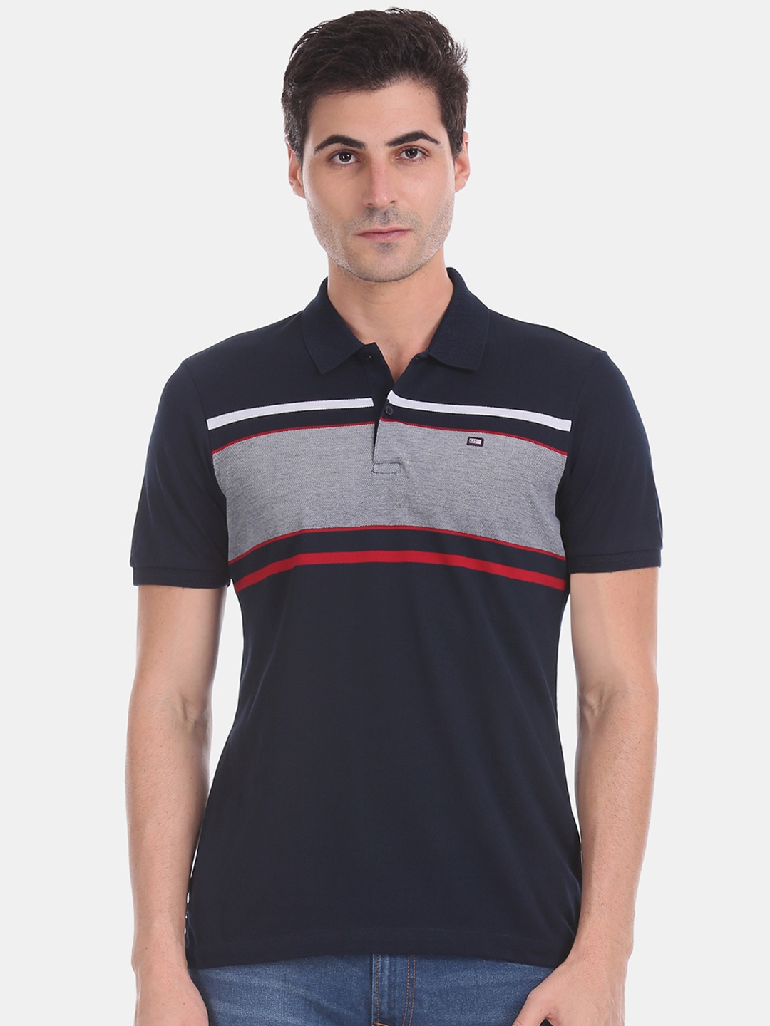 Arrow Sport Men Navy Blue & Grey Colourblocked Polo Collar T-shirt