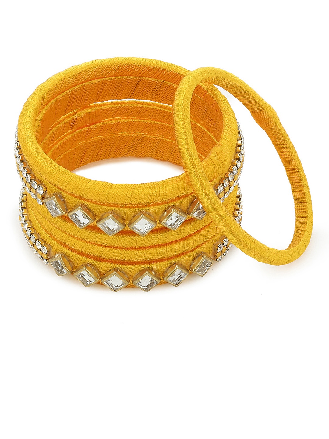 AKSHARA Girls Set of 6 Gold-Toned & White Stone-Studded Handcrafted Silk Thread Bangles
AKSHARA Girls Set of 6 Gold-Toned & White Stone-Studded Handcrafted Silk Thread Bangles