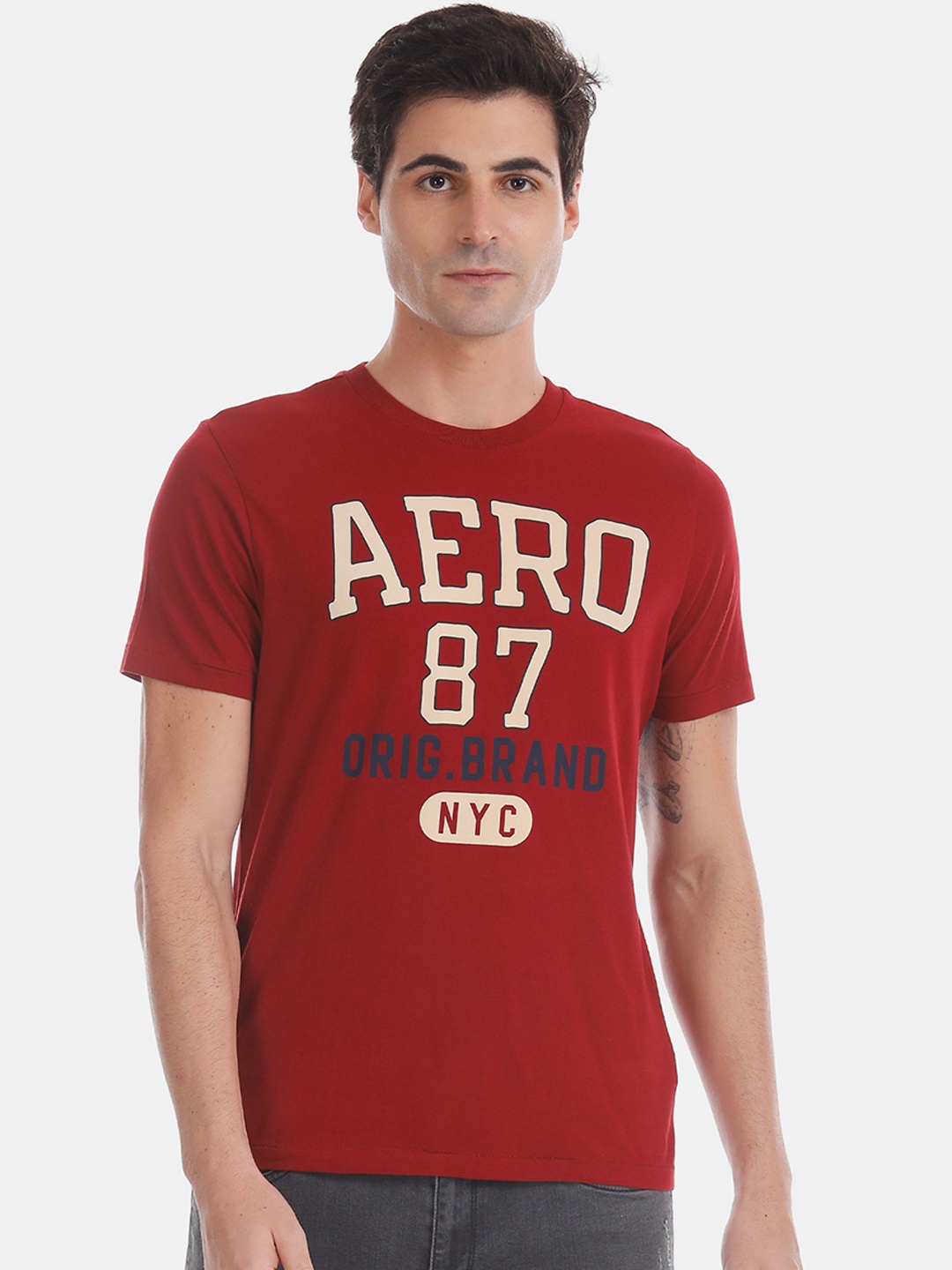 Aeropostale Men Red Printed Round Neck Pure Cotton T-shirt