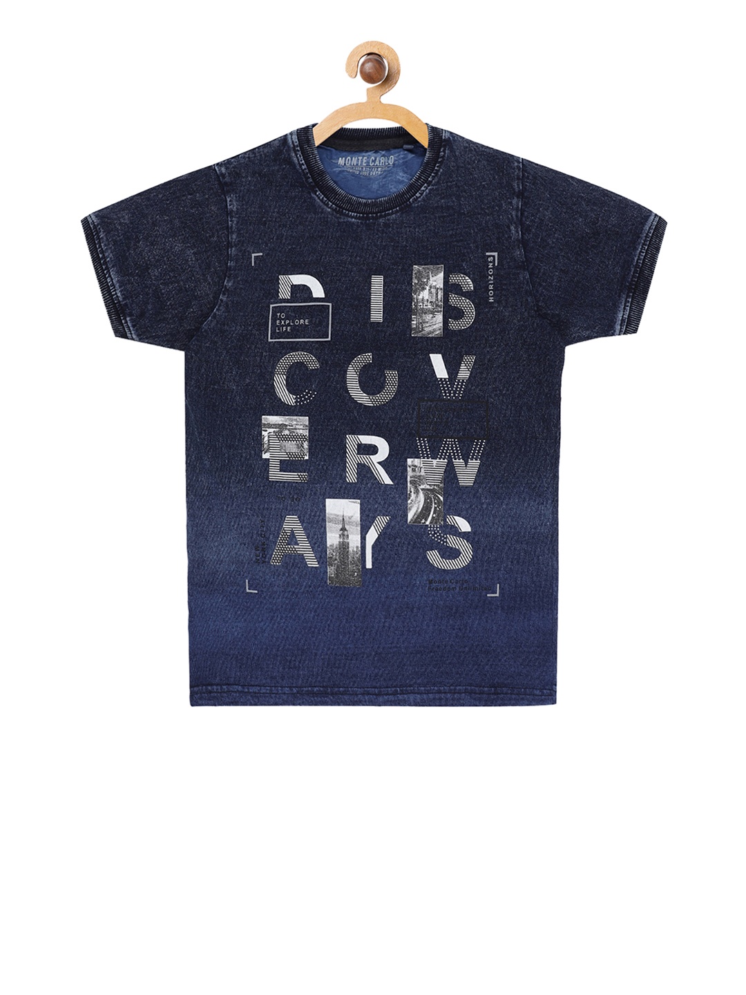 Monte Carlo Boys Navy Blue Printed Round Neck T-shirt