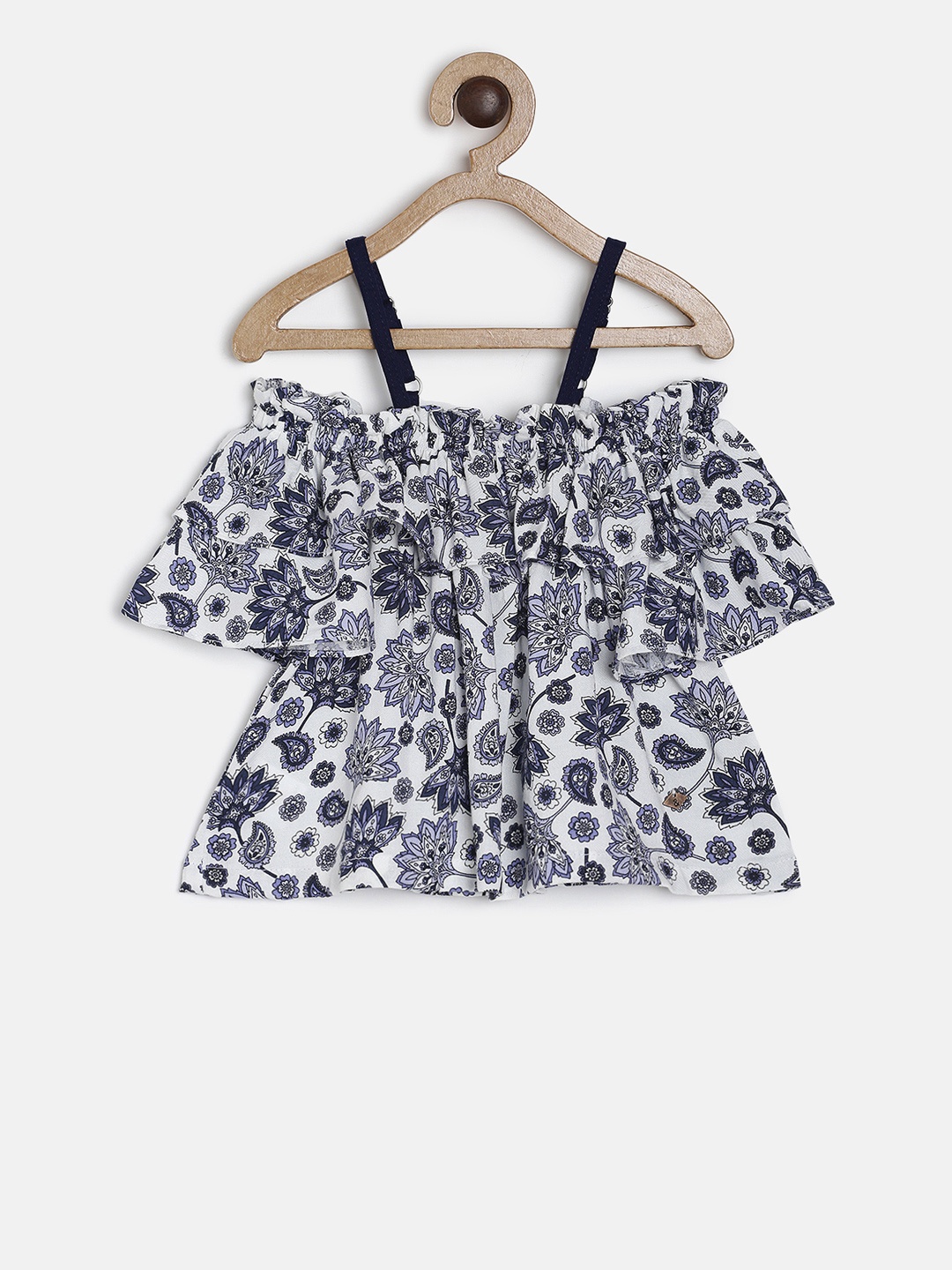 TALES & STORIES Girls Grey & Blue Printed A-Line Pure Cotton Top