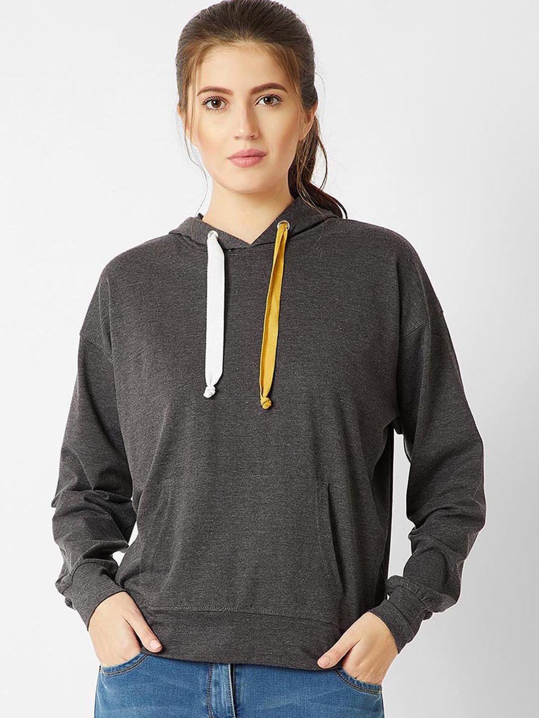 Miss Chase Women Grey Solid Hooded Sweatshirt