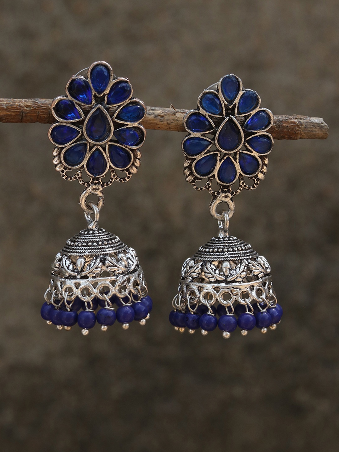 Silvermerc Designs Silver-Plated & Blue Handcrafted Dome Shaped Jhumkas
