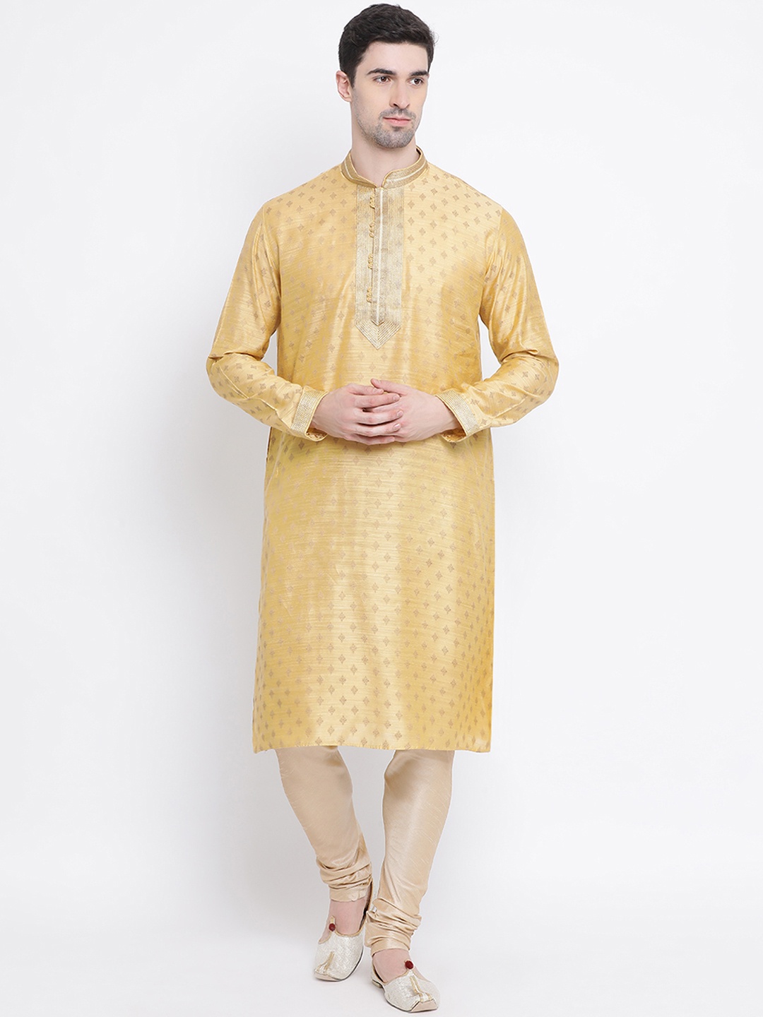 Sanwara Men Yellow Woven Design Jacquard Straight Kurta
