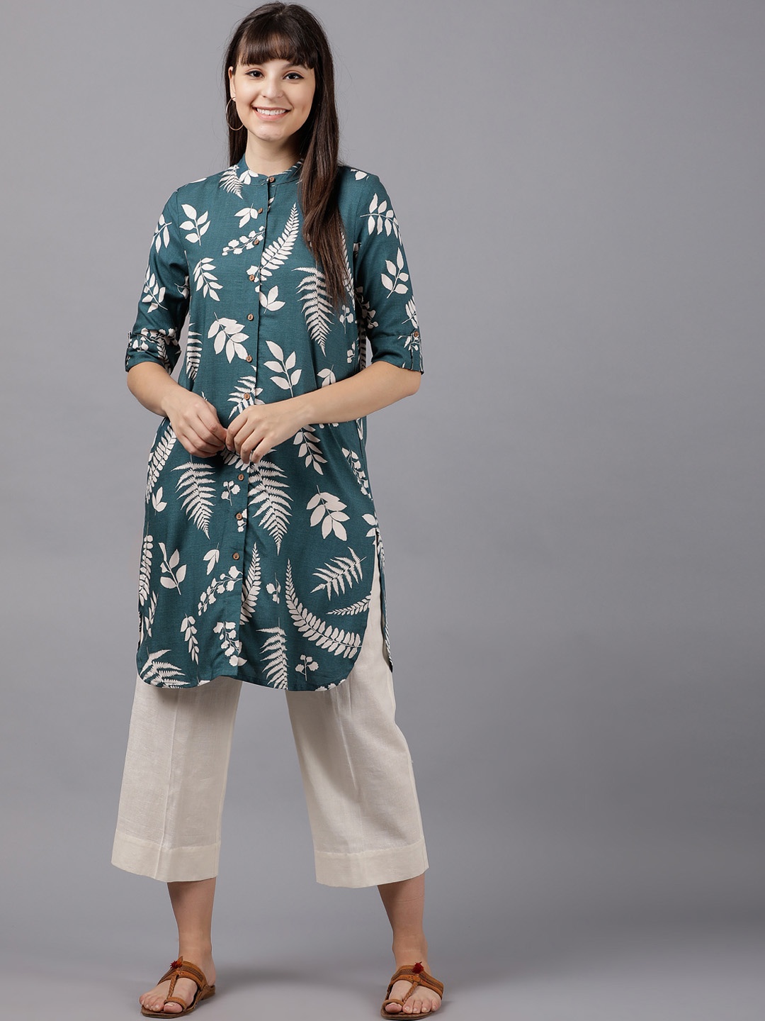 Vishudh Women Teal blue & White Printed Straight Kurta