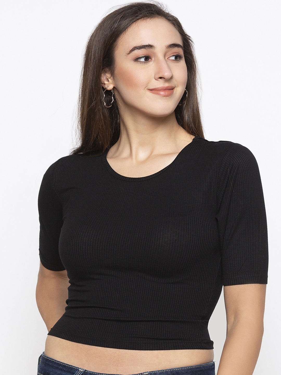 Globus Women Black Solid Crop Pure Cotton Top