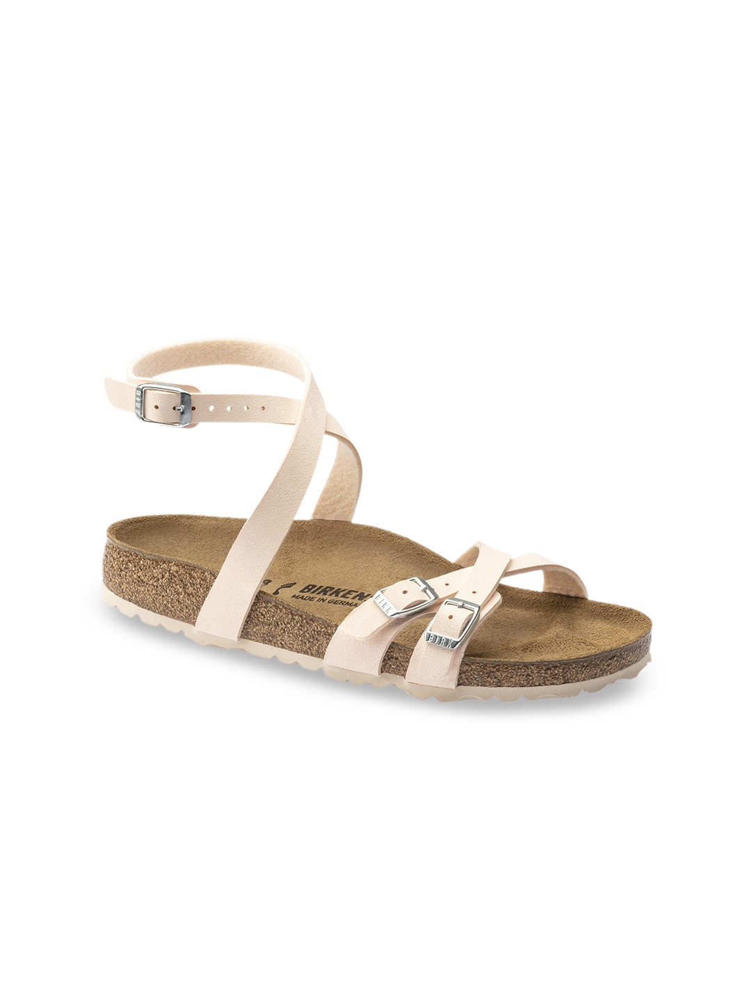 Birkenstock Women Pink Strappy Birko-Flor Blanca Nubuck Narrow Width Flats