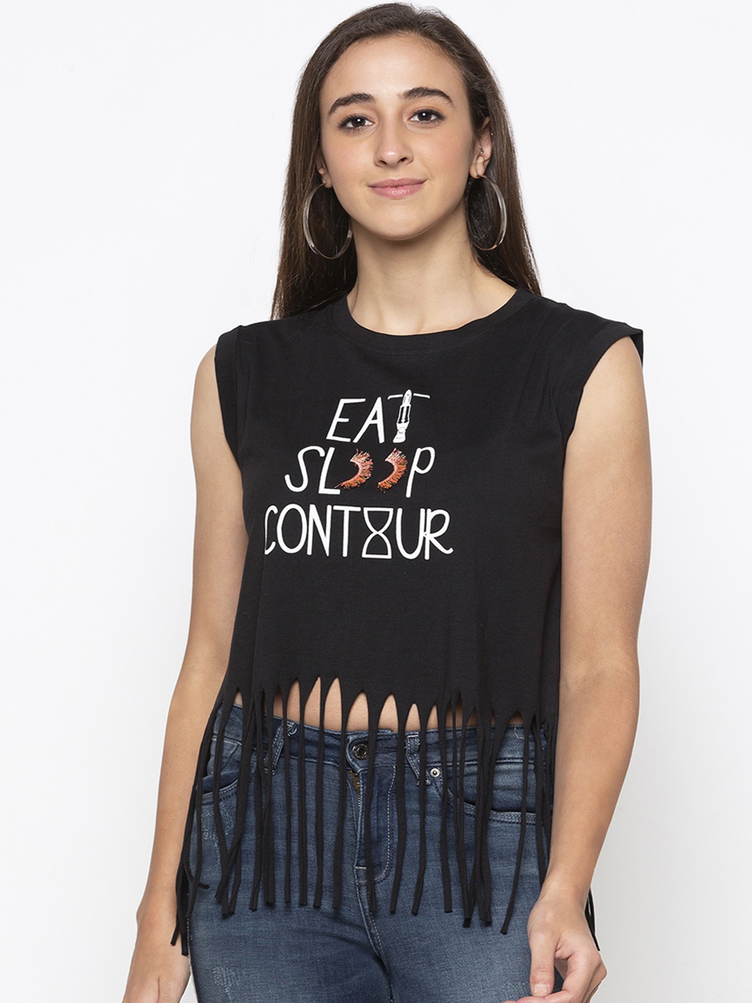 Globus Women Black Printed Round Neck Fringed T-shirt