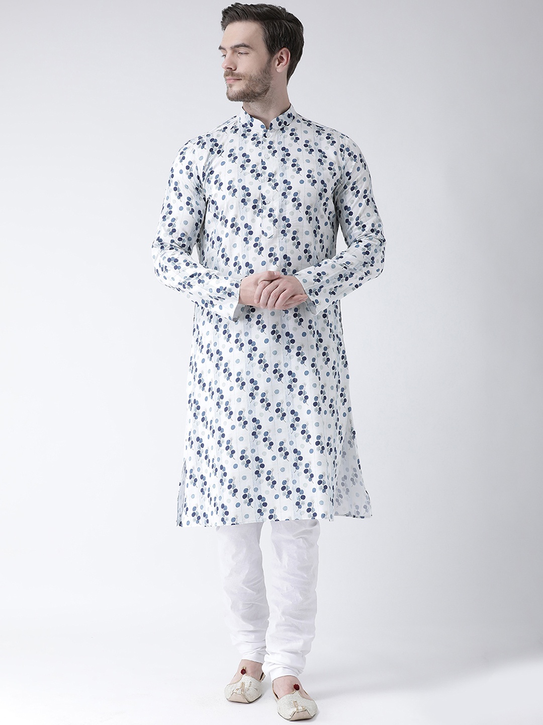 DEYANN Men White & Blue Printed Straight Kurta