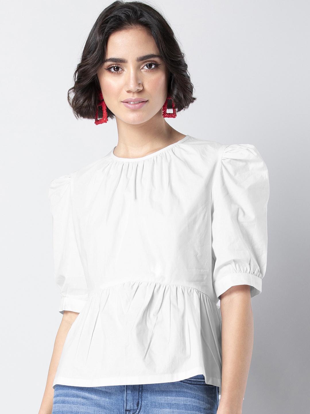 FabAlley Women White Solid Peplum Pure Cotton Top