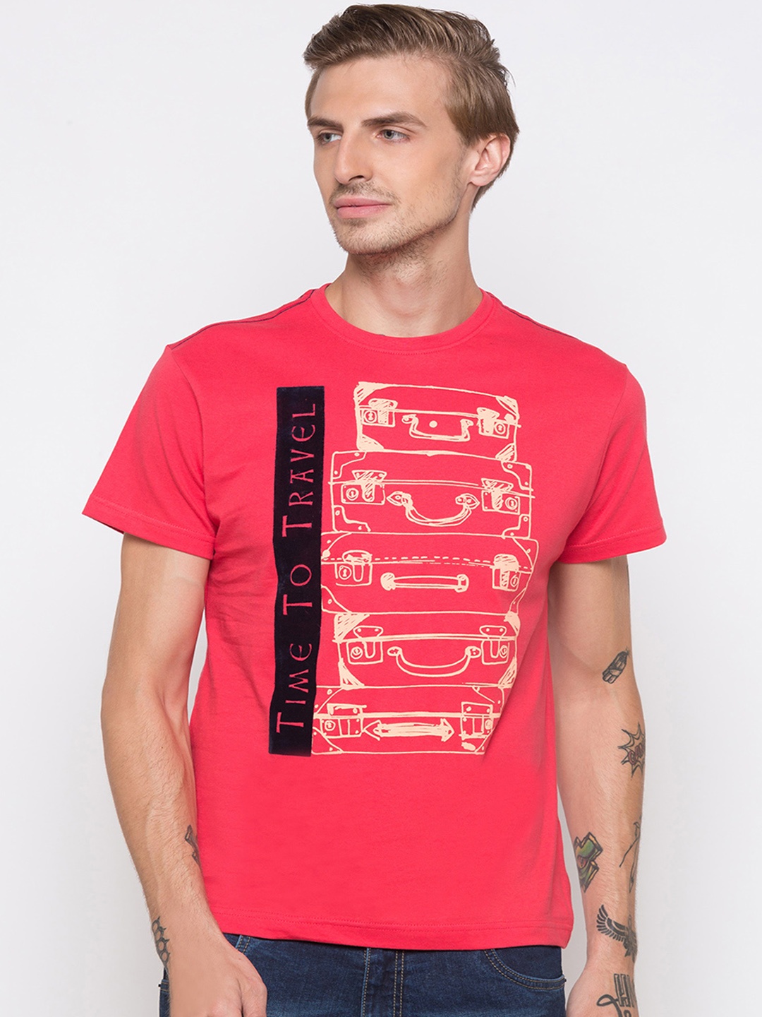 Globus Men Red Printed Round Neck T-shirt