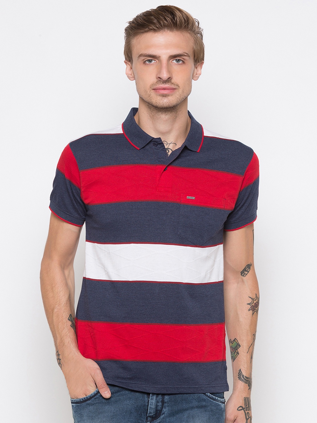 Globus Men Navy Blue Striped Polo Collar T-shirt