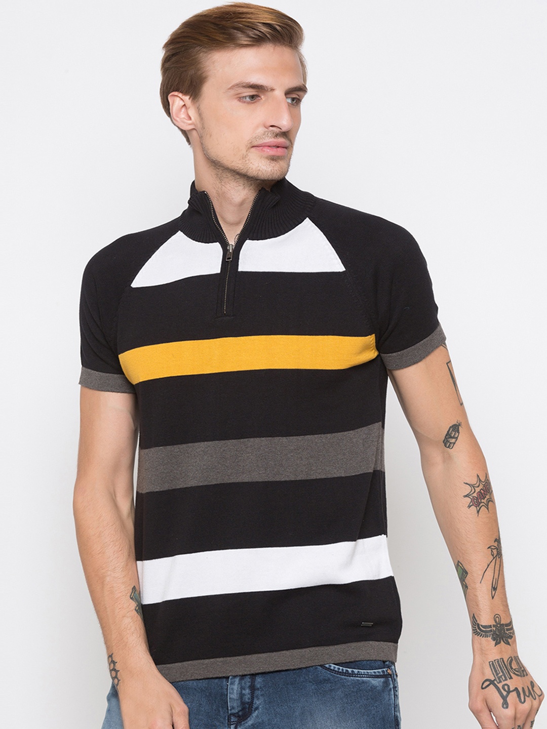 Globus Men Black & White Striped High Neck T-shirt